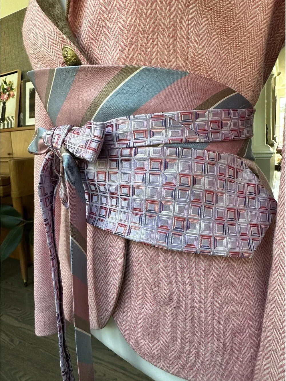 Pink & Blue Upcycled Silk Obi Belt | Corset Style | OOAK | OS